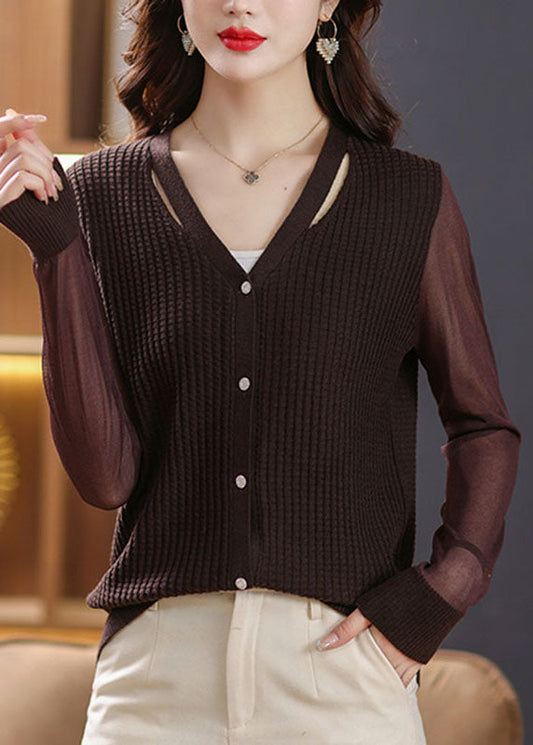 Coffee V Neck Patchwork Ice Size Knit Cardigan Fall