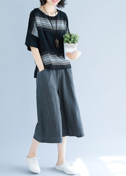Black Oversized Striped Cotton Tanks Short Sleeve