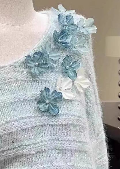 New Light Blue Cold Shoulder Knit Sweaters Winter