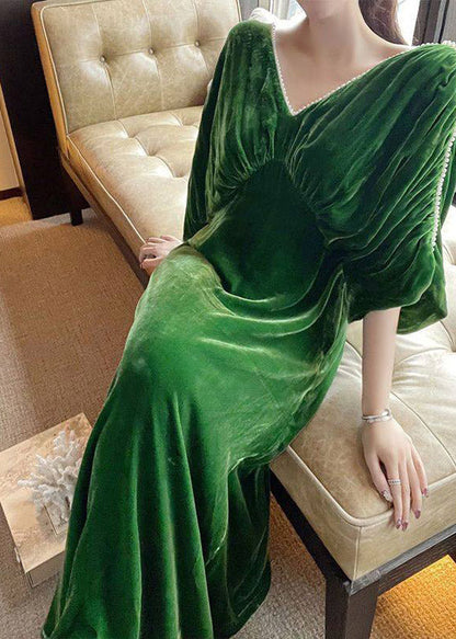 Classy Green V Neck Nail Bead Patchwork Silk Velvet Maxi Dress Fall