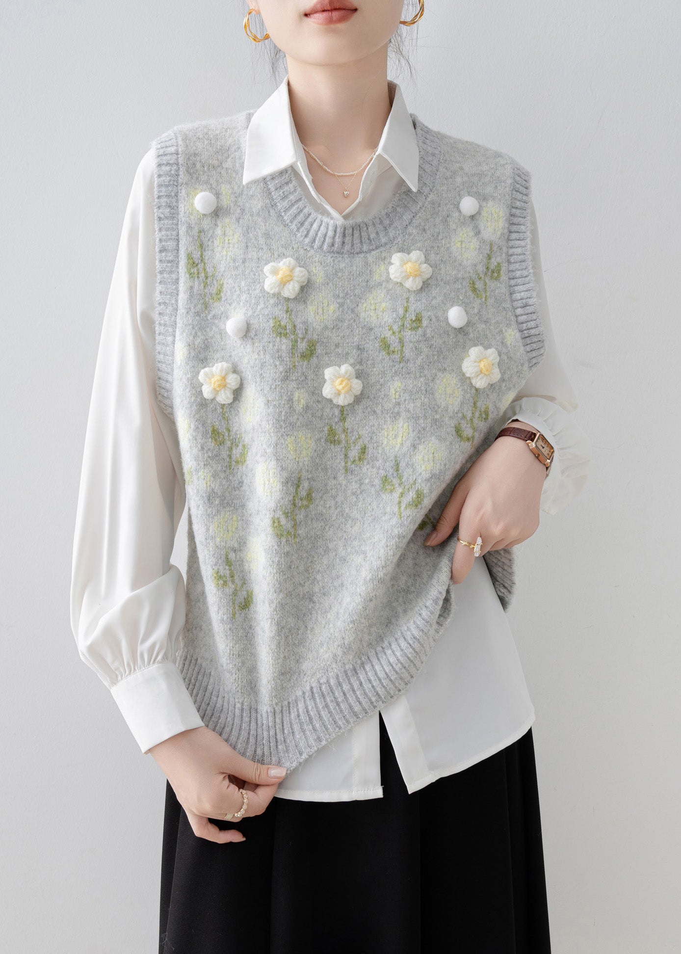 Handmade Light Grey O Neck Knit Vest Sleeveless