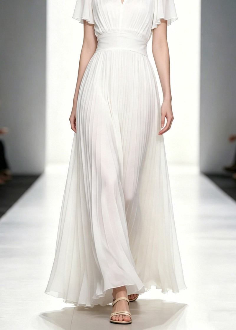 Fitted White O-neck Wrinkled Tunic Chiffon Long Dresses Summer