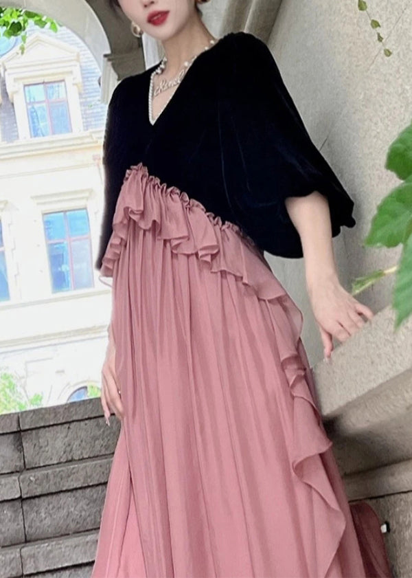 Loose Black Ruffled Patchwork Silk Velour Dresses Puff Sleeve