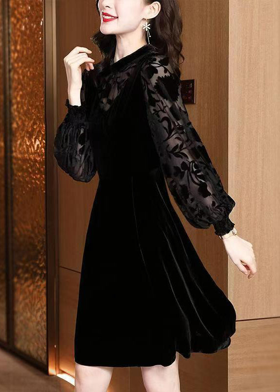 Jacquard Black High Waist Patchwork Silk Velour Dresses Winter