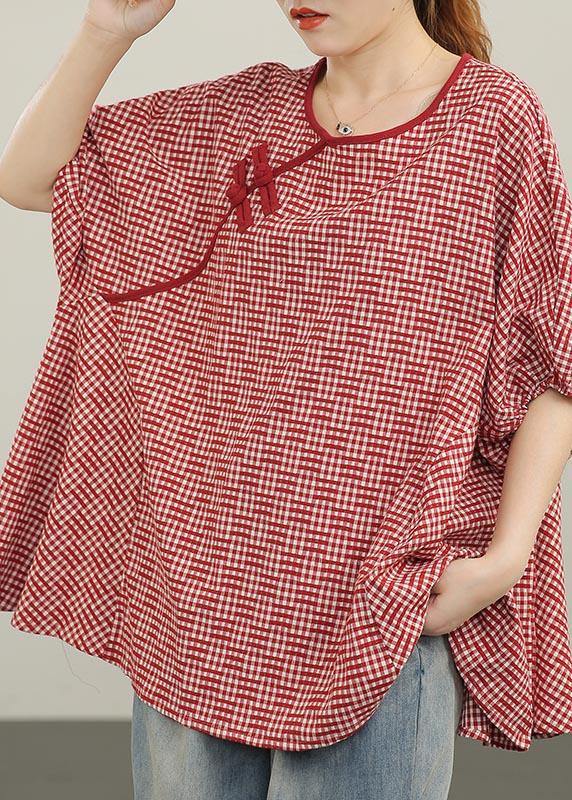 Red Plaid Batwing Sleeve Cotton Summer Blouses
