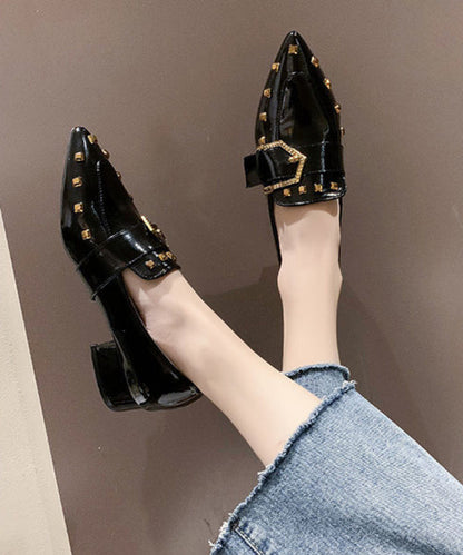 Black Chunky Heel Faux Leather Pointed Toe Rivet