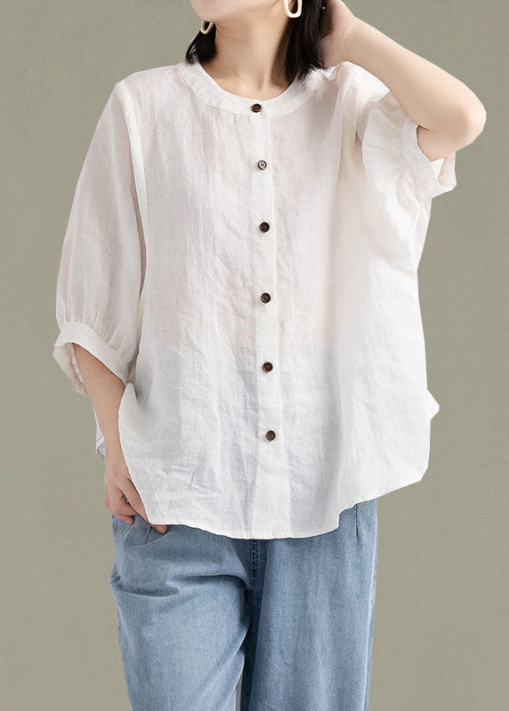 Art White Patchwork O-neck Button Linen Loose Shirt Top Lantern Sleeve