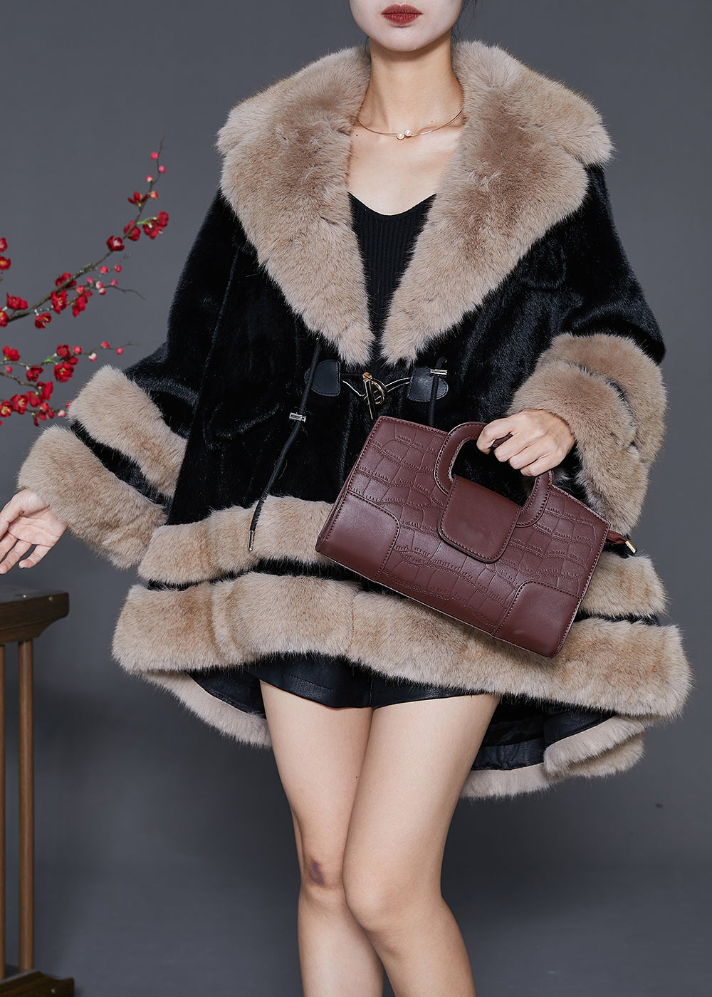 Black Fur Collar Oversized Fuzzy Fur Fluffy Coat Winter