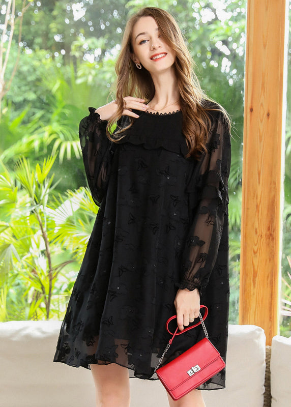 Black Embroideried Patchwork Ruffles Chiffon Maxi Dresses Spring