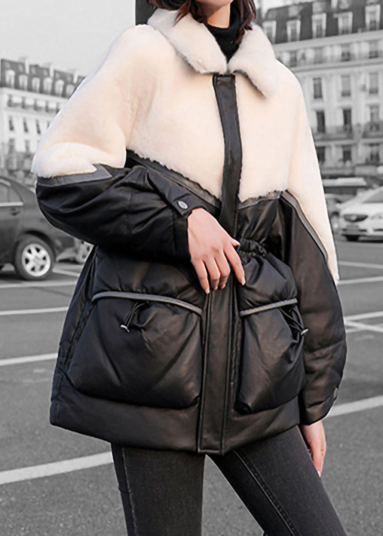 Black Drawstring Faux Fur Patchwork Duck Down Jacket in Winter