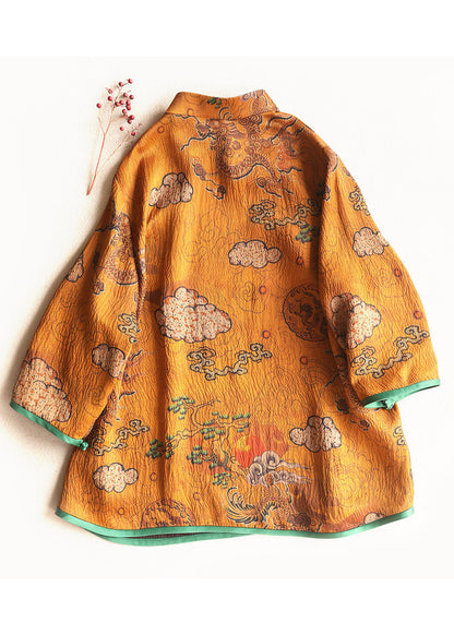 Chinese Style Ginger Stand Collar Button Print Silk Tops Spring