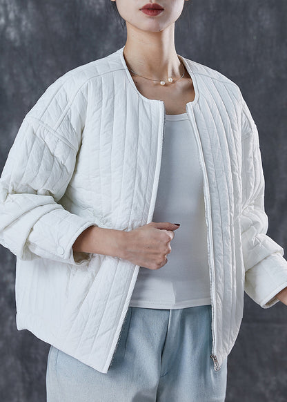 White Fine Cotton Filled Jacket O-neck Zip Up Spring