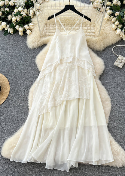 White Patchwork Lace Spaghetti Strap Dress Summer