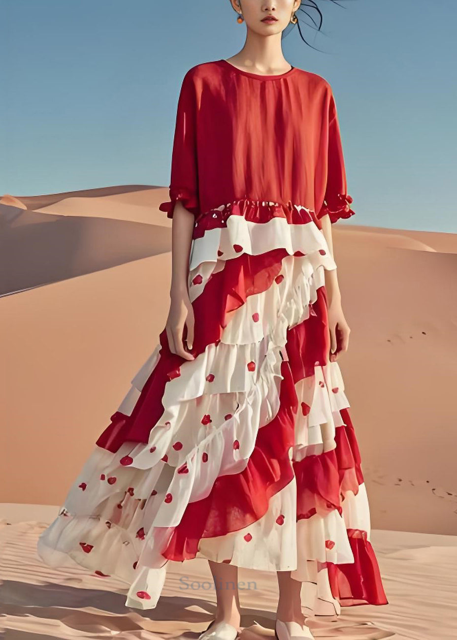 Stylish Red O-neck Ruffled Patchwork Cotton Dress Summer