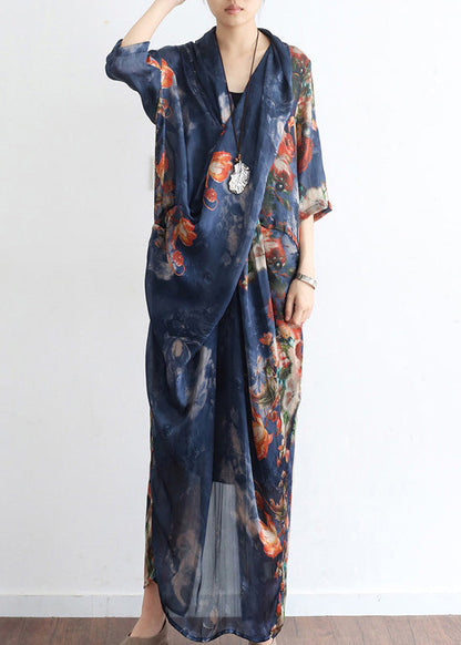 Blue V Neck Asymmetrical Print Chiffon Dress Two Pieces Set Half Sleeve