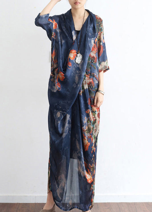 Blue V Neck Asymmetrical Print Chiffon Dress Two Pieces Set Half Sleeve