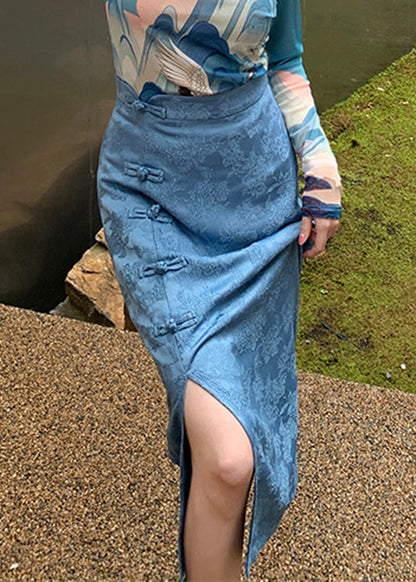 Jacquard Blue High Waist Button a Line Skirts Spring