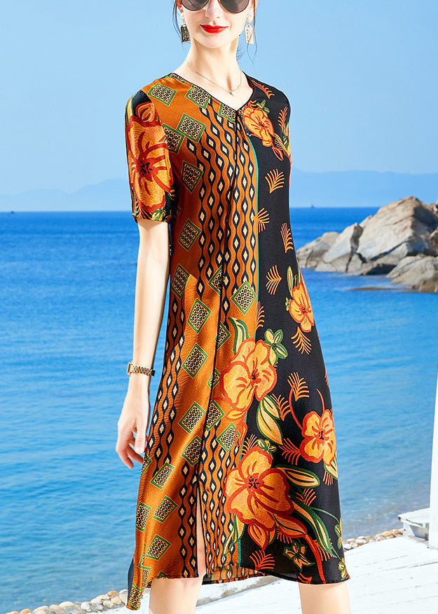 Boutique Orange V Neck Patchwork Print Silk Dress for Wemon Short Sleeve