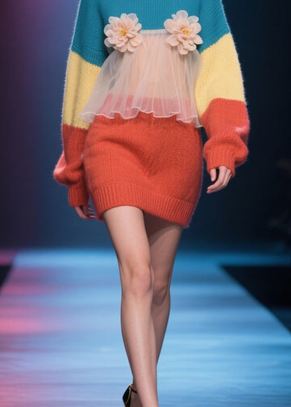 Loose Colorblock O Neck Tulle Knit Sweater Dress Winter