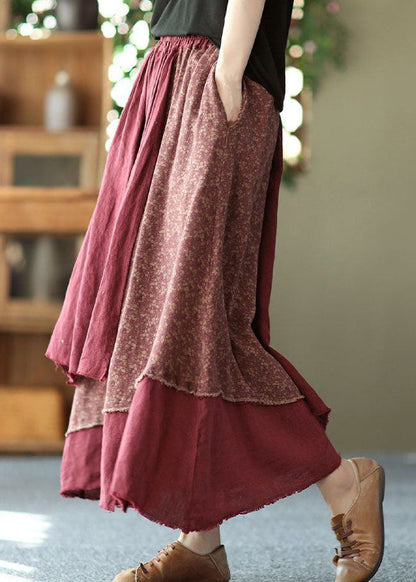 Brick Red Print Asymmetrical Patchwork Cotton Skirt Spring