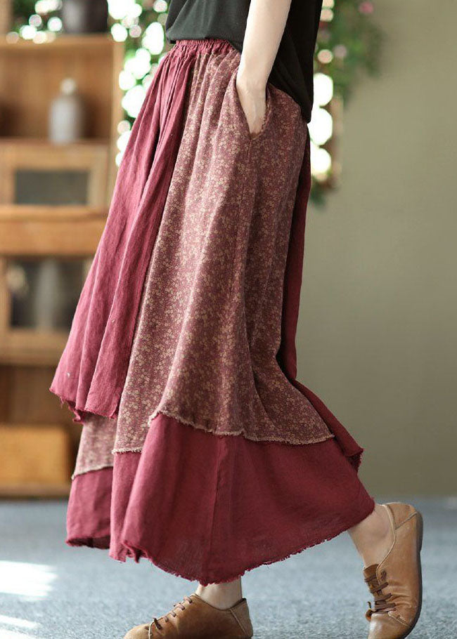 Brick Red Print Asymmetrical Patchwork Cotton Skirt Spring