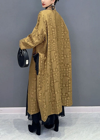 Natural Yellow V Neck Print Pockets Long Trench Coats Long Sleeve