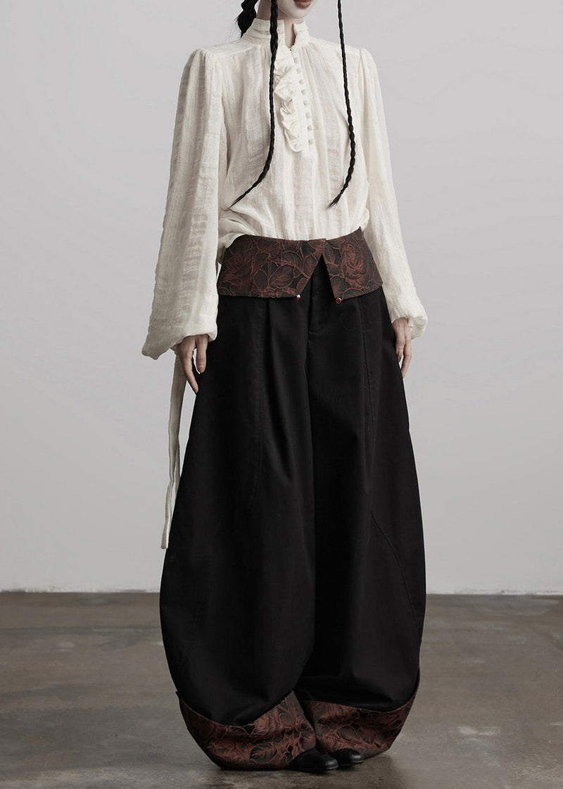 Italian Black Jacquard Patchwork Cotton Wide Leg Pants Fall