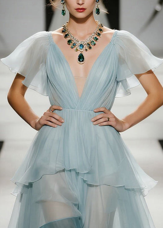 Sky Blue Exra Large Hem Patchwork Organza Evening Dresses Butterfly Sleeve