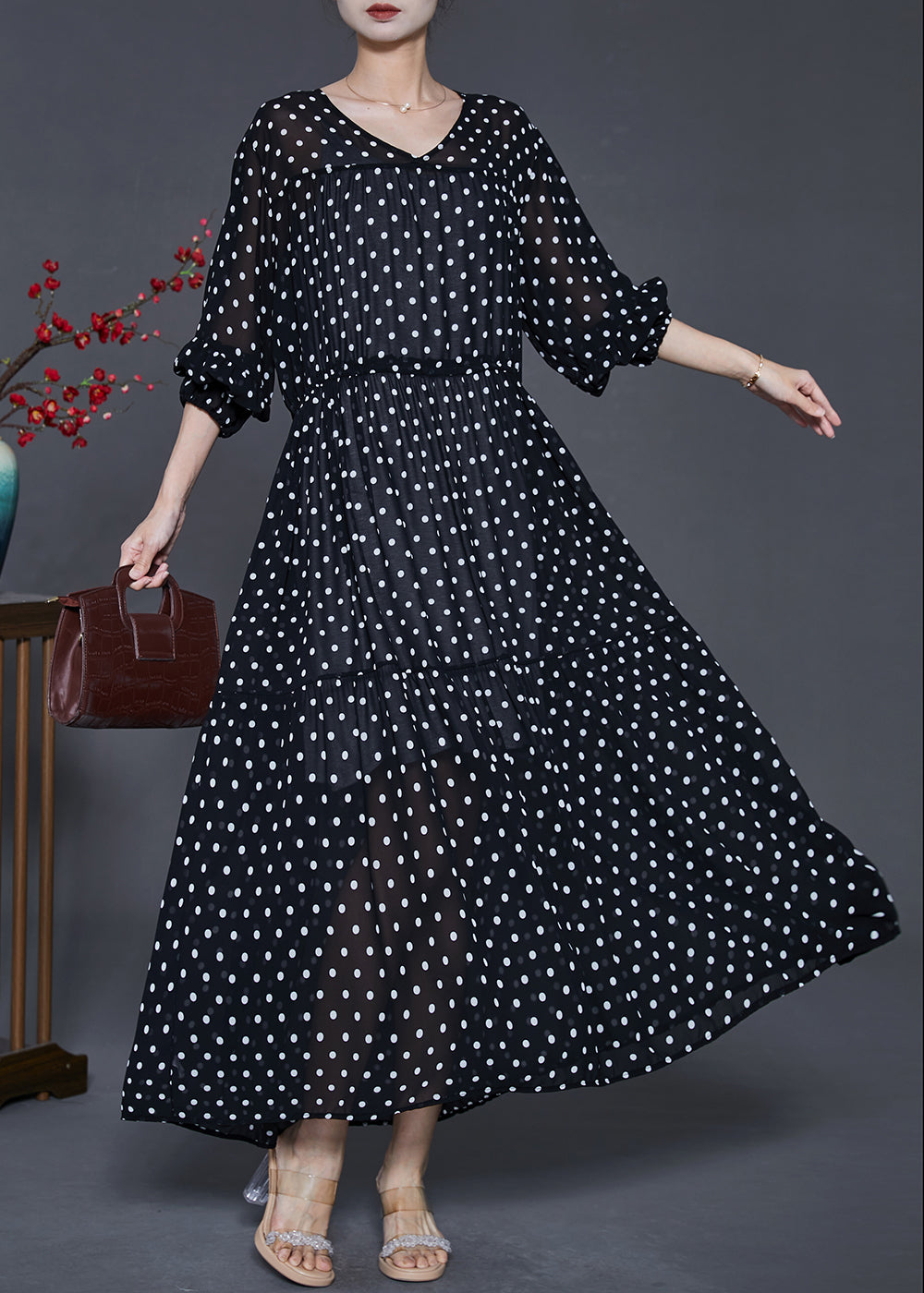 Black Print Chiffon Dresses Drawstring Exra Large Hem Summer