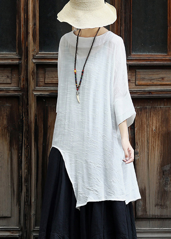 Original White Asymmetrical Design Cotton Top Three Quarter Sleeve
