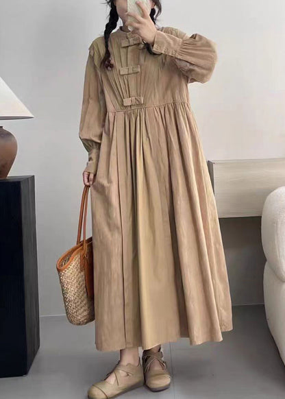 Khaki Pockets Cotton Dresses Stand Collar Spring