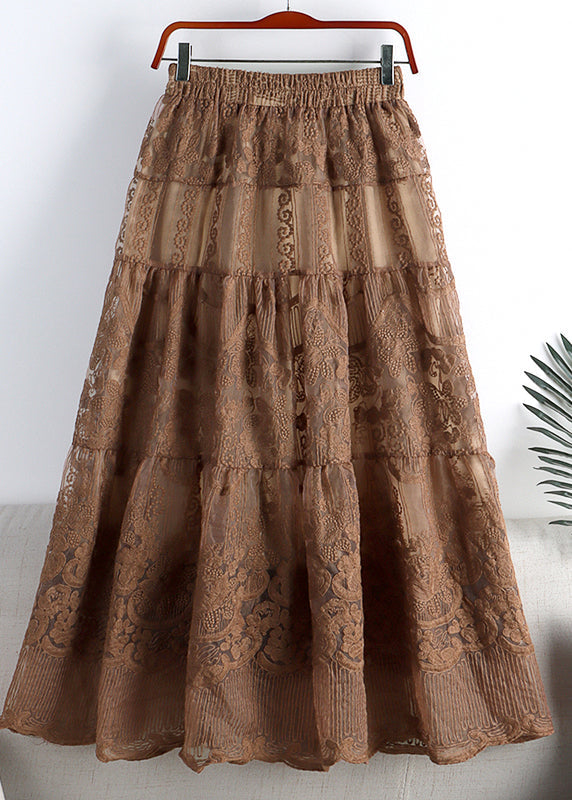 Chocolate Colour Embroideried High Waist Tulle a Line Skirt Fall