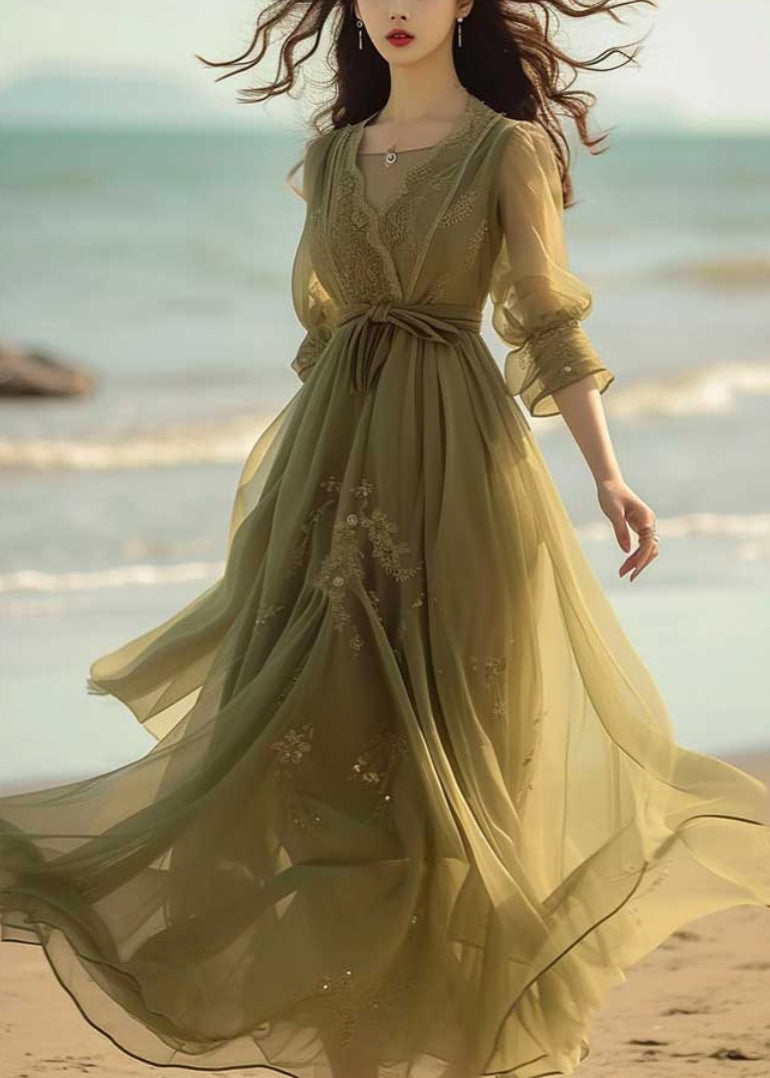 New Green Lace Chiffon Dress Bracelet Sleeve Summer