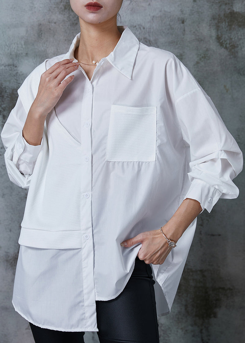 Diy White Asymmetrical Patchwork Cotton Fake Two Piece Shirt Tops Spring