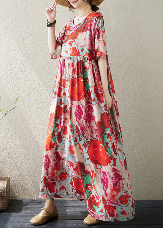 Red O Neck Print Wrinkled Cotton Vacation Dresses Summer