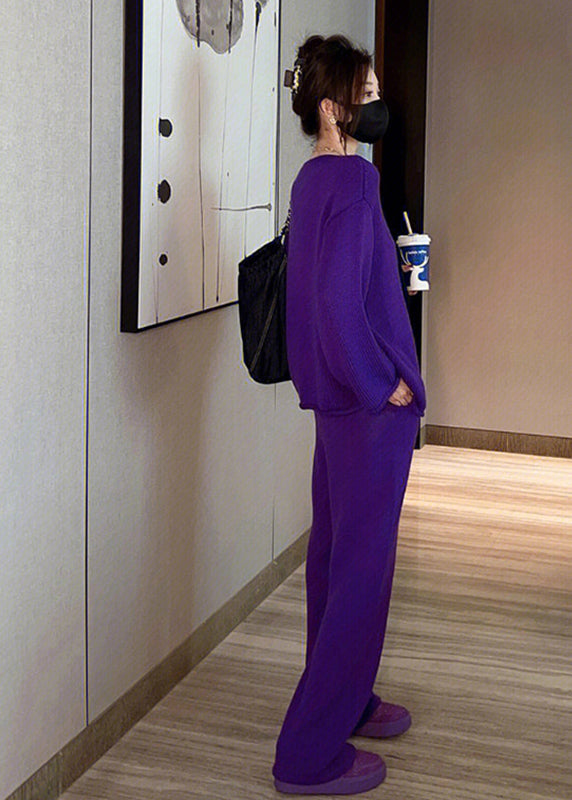 French Purple O Neck Knit Sweaters and Pants Two Pieces Set Fall