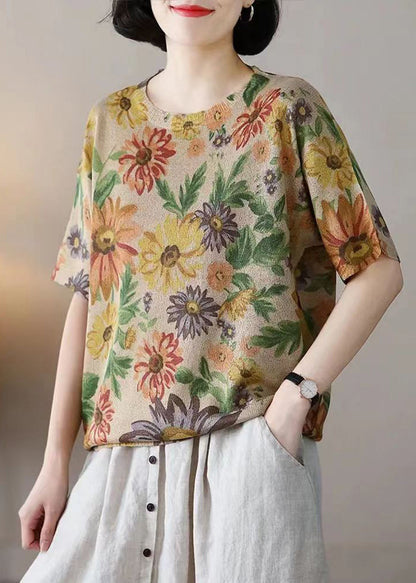 Floret Print Patchwork Cotton Knit T Shirts O-neck Summer