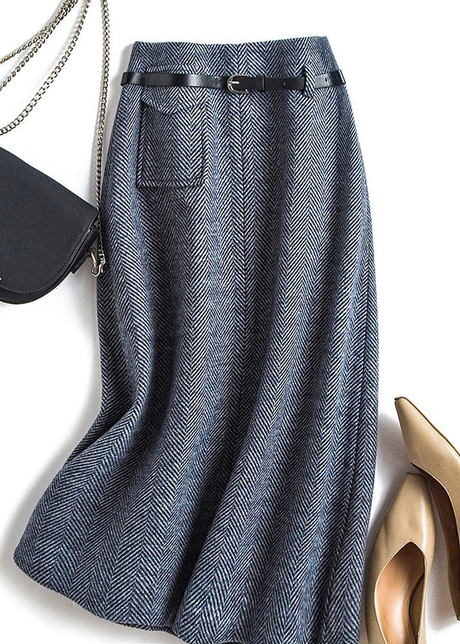 Natural Dark Grey High Waist Woolen a Line Skirts Spring