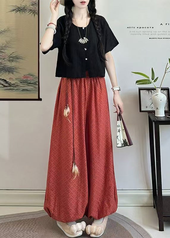 Black O Neck Tops and Pants Cotton Two Piece Set Summer