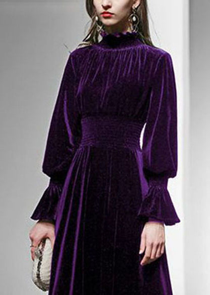 Peacock Blue Hign Neck Velour Maxi Dresses Lantern Sleeve
