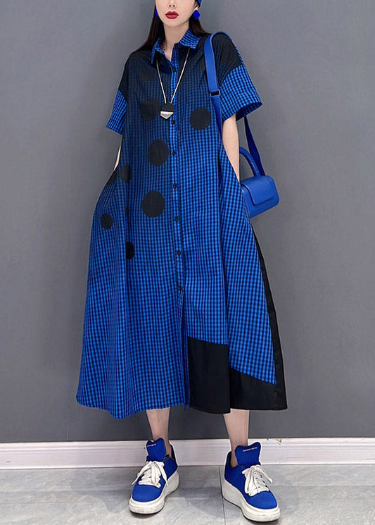 Blue Peter Pan Collar Button Plaid Shirt Dress Short Sleeve
