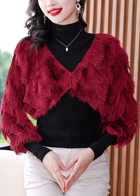 Black Turtleneck Fuzzy Fur Fluffy Patchwork Fake Two Pieces Tops Fall