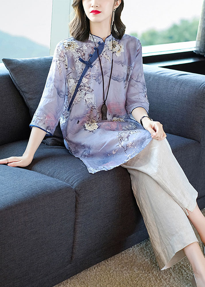 Purple Stand Collar Print Linen Long Shirt Ang Pant Two Piece Set Summer