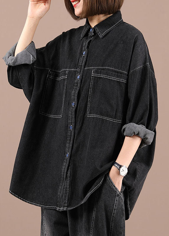 Black Loose Denim Fall Long Sleeve Coat