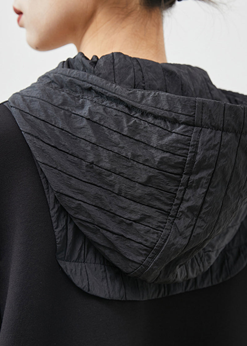 Black Hooded Patchwork Cotton Coat Outwear Spring
