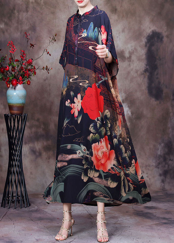 Chocolate Stand Collar Button Print Silk Holiday Dress Batwing Sleeve
