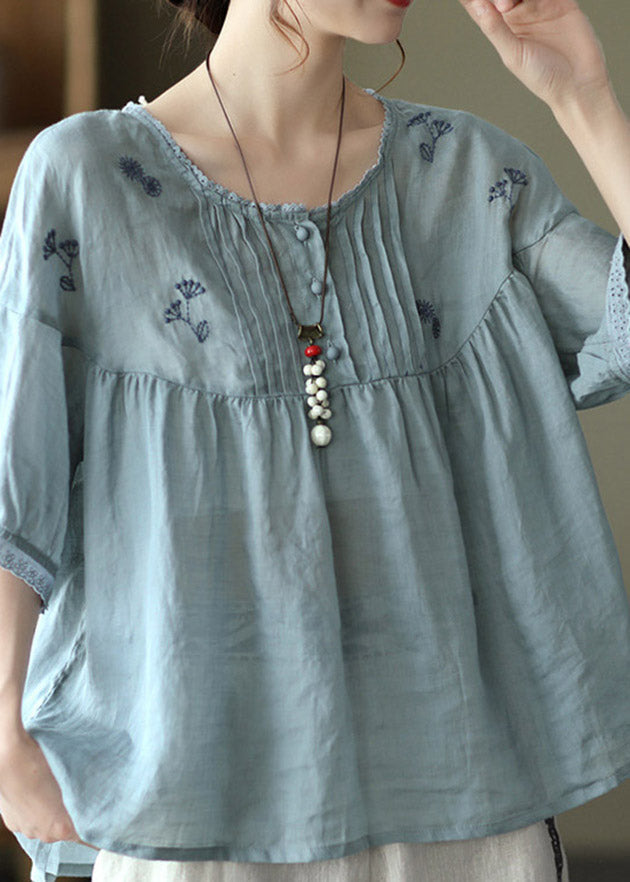 Light Blue Grey Button Linen Tops Half Sleeve