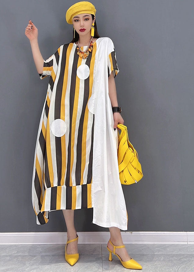 Yellow Asymmetrical Striped Print Patchwork Cotton Maxi Dresses Short Sleeve Summer