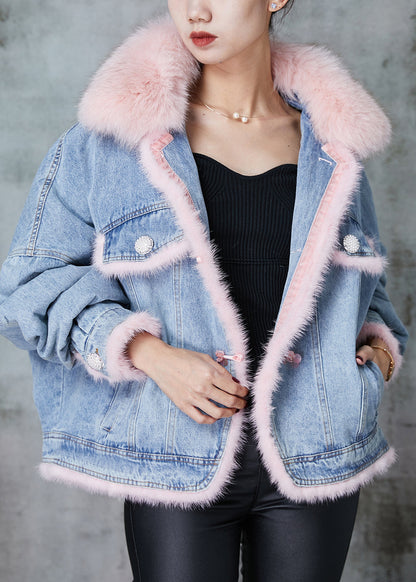 Blue Raccoon Hair Collar Patchwork Fine Cotton Filled Denim Jackets Winter