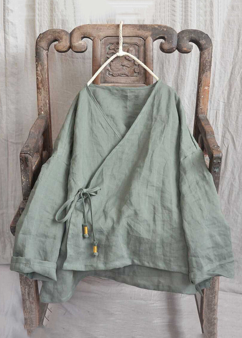Loose Yellow V Neck Lace Up Linen Shirts Long Sleeve